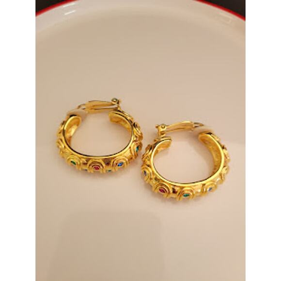 Swarovski Hoop Earrings Gold Plated with Jewel Tone Crystals Clip On Swan Signed - Picture 8 of 9
